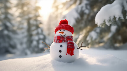 Obraz premium Christmas snowman wearing red hat, scarf and gloves winter background.