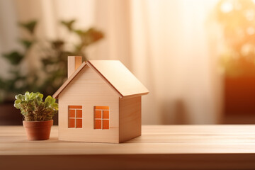Wooden house models on the table background. Concept of money management for mortgage loan.
