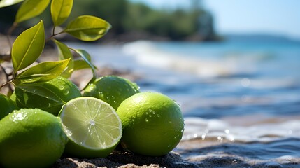 slices of fresh lime on the beach sand background