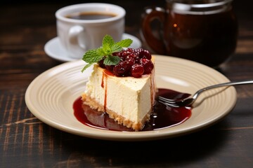 Delicious dessert: cheesecake with flavorful jam, paired with creamy coffee. Generative AI