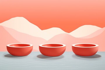 Three pools on coral background in minimal style. Generative AI