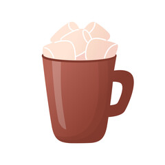Brown mug with hot dessert drink, coffee, cacao decorated with marshmallow. Flat cartoon style.