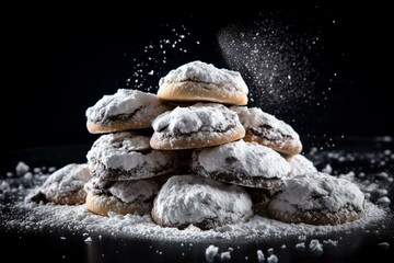Stacked: cookies with powdered sugar, cookies piled on ground, dark background of dust, few more cookies on ground. Generative AI