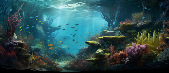 Underwater ecosystem, fish, coral, sunlight