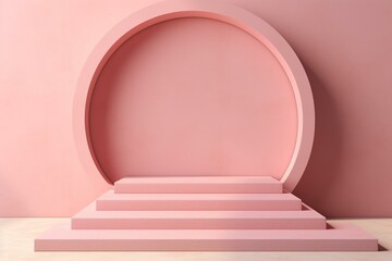 Empty display stand with stairs and arches for showcasing products. Minimal 3D-rendered studio with geometric objects as background. Generative AI