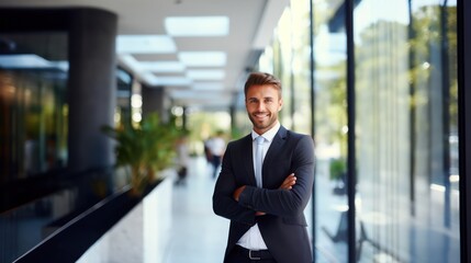 Happy middle aged business man ceo standing in office arms crossed. Smiling mature confident professional executive manager, proud lawyer, businessman leader wearing blue suit,