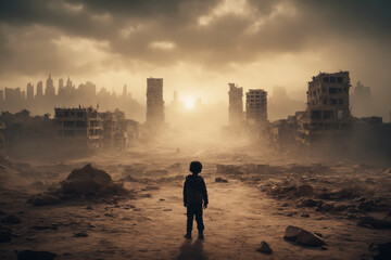 Seeking Hope in the Midst of Desolation, Child in Abandoned Cities, AI Generated