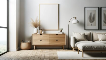 Landscape view of a modern living room embracing Scandinavian design principle