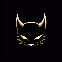 silhouette of cat head with devilish accent, black and yellowish color. silhouette of cat head. Staring 
intently with batman accent