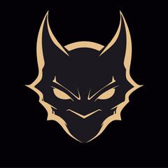 silhouette of cat head with devilish accent, black and yellowish color. silhouette of cat head. Staring 
intently with batman accent