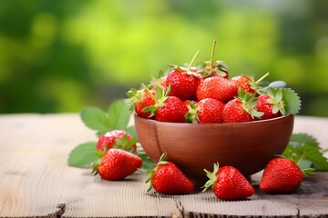 Red strawberries with leaves in wooden bowl on the wooden table with nature background.
