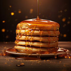 Fototapeta na wymiar Pancakes with caramel sauce on a black background. Close-up.