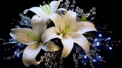 A vibrant New Year's bouquet with white lilies and sparkling silver beads.