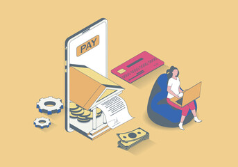 Online banking concept in 3d isometric design. Woman paying digital invoice, makes financial transactions and manages finances in app. Vector illustration with isometry people scene for web graphic - obrazy, fototapety, plakaty