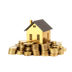 mini house with lot of gold coins isolated on transparent background