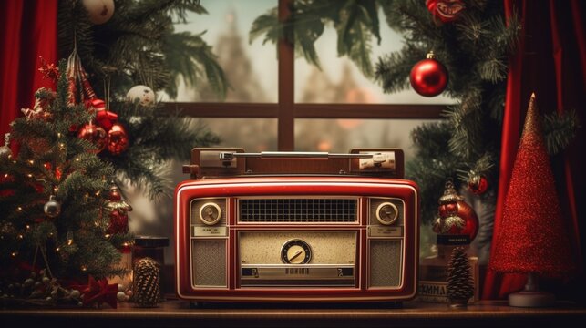 A vintage radio playing classic holiday tunes, surrounded by nostalgic Christmas decorations from years gone by.