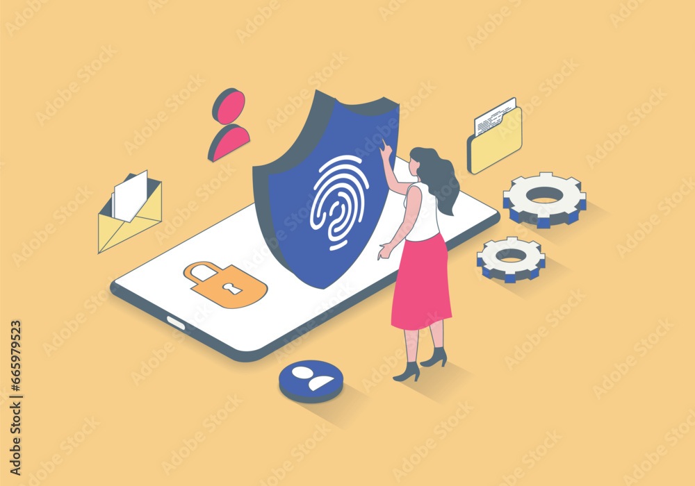 Leinwandbilder Cyber security concept in 3d isometric design. Woman scanning fingerprint for secure access and authentication, internet data protection. Vector illustration with isometry people scene for web graphic