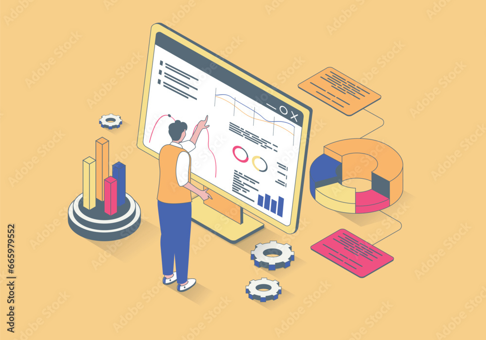 Aufkleber data analysis concept in 3d isometric design. man making statistics research, works with graph and c