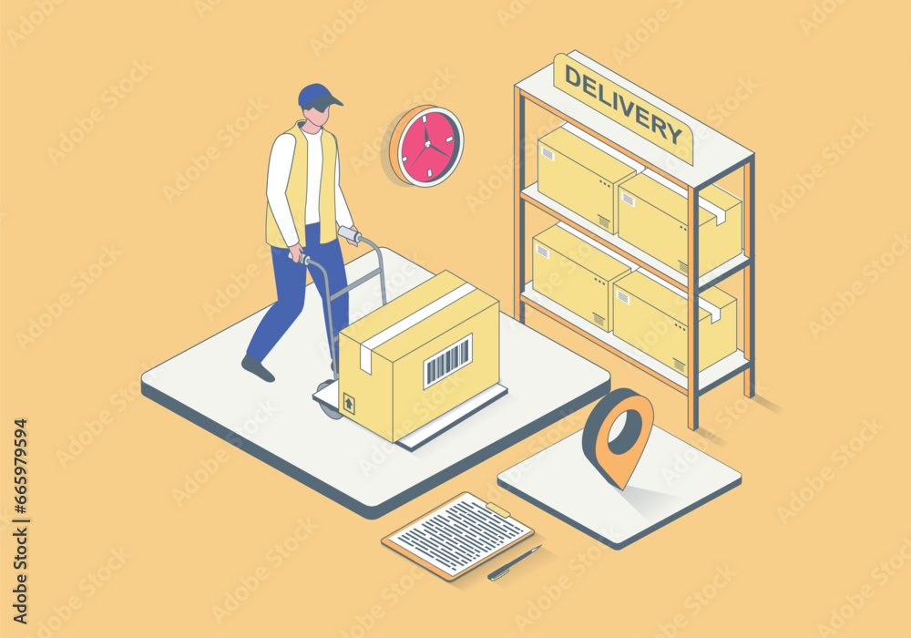 Leinwandbilder delivery service concept in 3d isometric design. man working in logistic company, loading parcel box