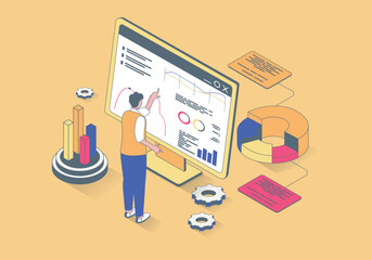 Data analysis concept in 3d isometric design. Man making statistics research, works with graph and charts at dashboard for reports. Vector illustration with isometry people scene for web graphic