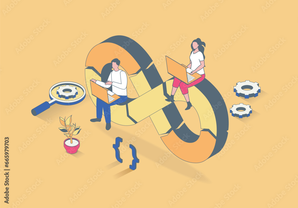 Fototapete DevOps concept in 3d isometric design. Manager makes administration of development operations, programmer and engineer teams working. Vector illustration with isometry people scene for web graphic