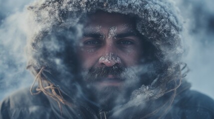 A portrait shot of a washed-out man standing in an icy winter snowstorm at minus 30 degrees and breathing steam.