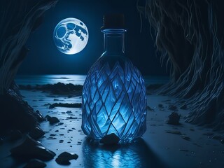 Una botella de plástico azul vibrante llena de agua mineral cristalina, brillando a la luz de la luna - obrazy, fototapety, plakaty