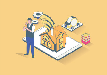 Smart home concept in 3d isometric design. Man monitoring house system automatization performances, managing from mobile app with wifi. Vector illustration with isometry people scene for web graphic