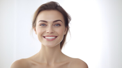 Radiant beauty concept: A captivating portrait of a young woman with flawless skin, beaming with joy, set against a pristine white backdrop.