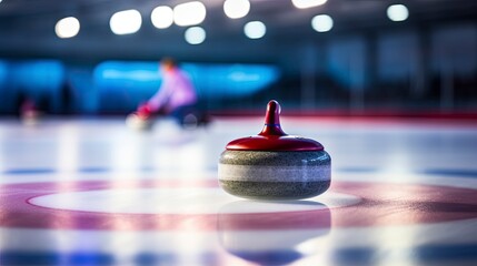 Curling team skillfully guides a stone onto the ice, close-up of the stone.