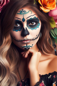 Young woman with the Day of the Dead make up and costume, Mexican tradition