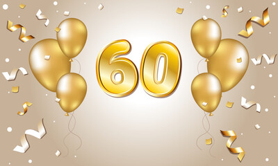 The golden numbers are 60. Anniversary of 60 years. On a light background with golden balloons. - obrazy, fototapety, plakaty