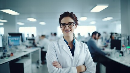 A Young Woman Scientist in Modern Bright Medical Science Laboratory with Crowded Situation
