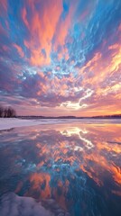 Beautiful clouds reflected in the lake during winter sunset. - obrazy, fototapety, plakaty