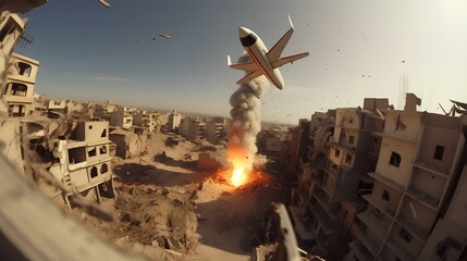 A guided drone missile flies over a destroyed city. Military conflict.