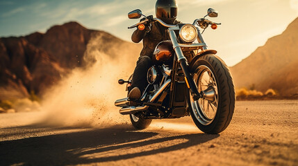 Custom motorbike biker rider on blurred desert road