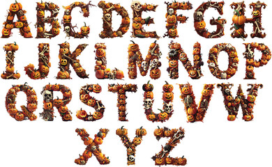 Letras del abecedario en mayúsculas con calabazas de Halloween y fondo transparente