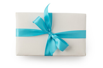 Top view of gift box with blue ribbon bow isolated on white