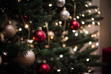 Fototapeta na wymiar Close up of Christmas tree decorations. Christmas balls. Generative AI. 