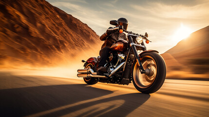 Obraz na płótnie Canvas Custom motorbike biker rider on blurred desert road