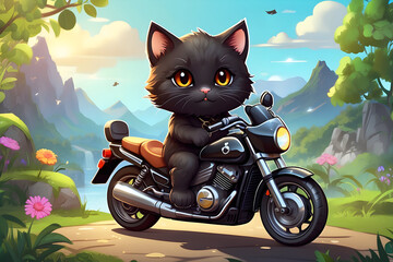 Cartoon black cat sitting on a motorcycle on the road in the forest