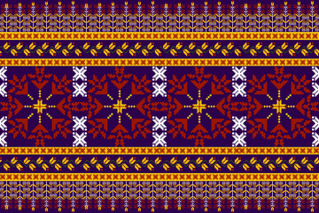 pixel pattern ethnic design squares connected to  each other purple red white yellow For fabrics carpets, textiles printed materials wallpaper curtains blankets bedsheets  bags.