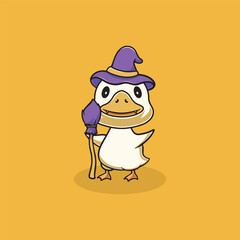 Cute duck with a witch costume illustration