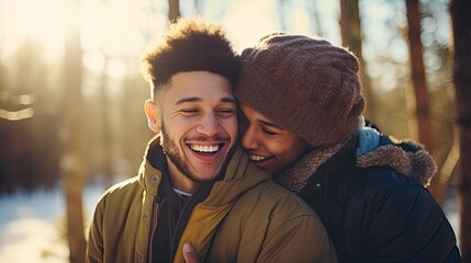 Close-up photograph of a fictional mixed-race male couple in a sunny winter forest. - Powered by Adobe