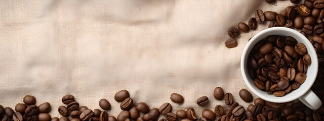 Coffee cup on table with coffee beans and linen cloth, landscape banner with copy space, latte art, classic and clean, professional food photography
