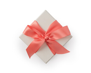 Top view of gift box with pink ribbon bow isolated on white