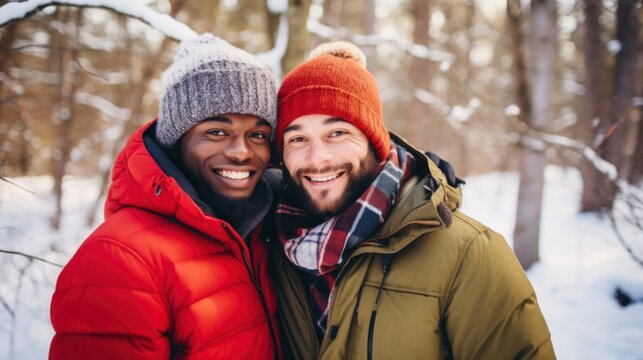 Close-up photograph of a fictional mixed-race male couple in a sunny winter forest.