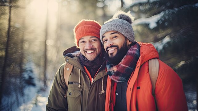 Close-up photograph of a fictional mixed-race male couple in a sunny winter forest.