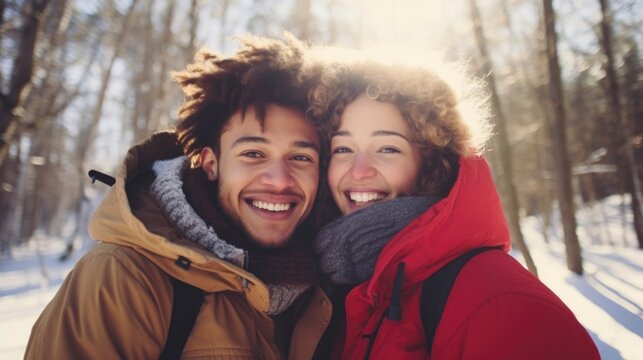 Close-up photograph of a fictional man and woman couple in a sunny winter forest.