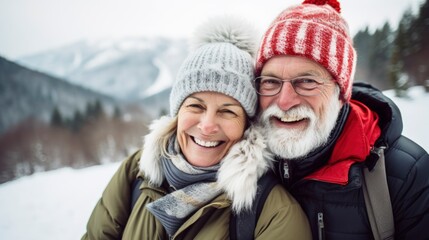 Obraz premium Close-up photo of an elderly couple, winter landscape, happy relaxed mood.